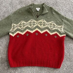 Willi Smith Zip-Up Sweater in Green and Red - Mens Large - 100% Wool